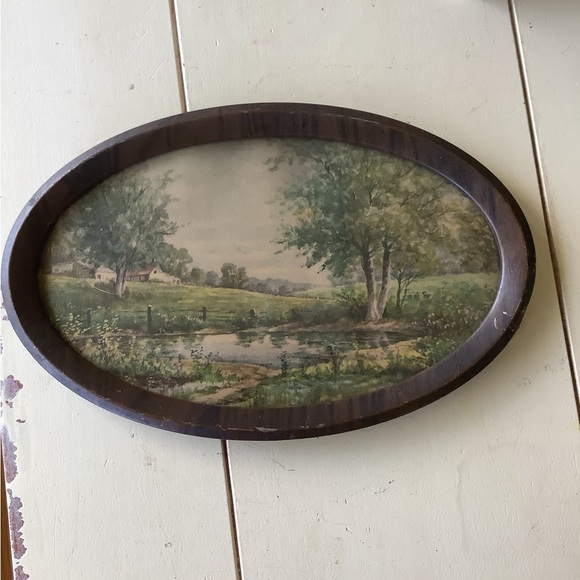 Antique Other - Antique Vintage Small Oval Landscape Framed Art Print